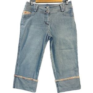 Context Petite Striped Flower Trimmed Cotton Capri Pants Women's Size 12P